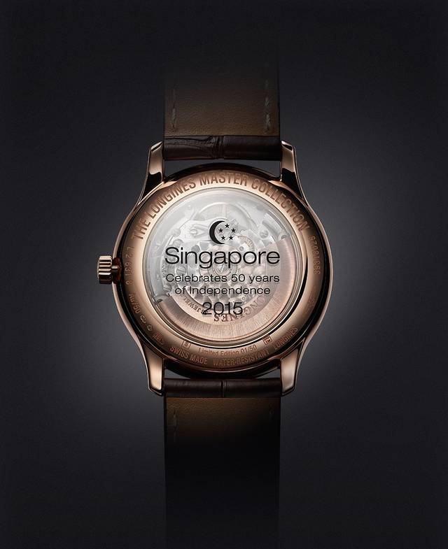 The GMT wristwatch from the Longines Master Collection bears the highlighted name of Singapore on its timezone ring and a commemorative print on its back