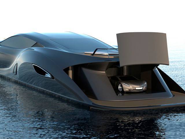comes with a retractable flybridge, a hidden jacuzzi deck and its very own supercar