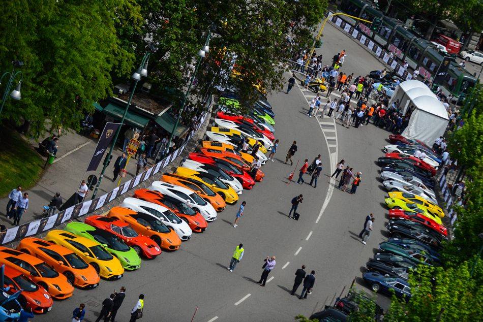 A convoy of 350 Lamborginis embarked on a Grand Tour from Milan to Bologna, as part of the carmaker's 50th Anniversary celebrations