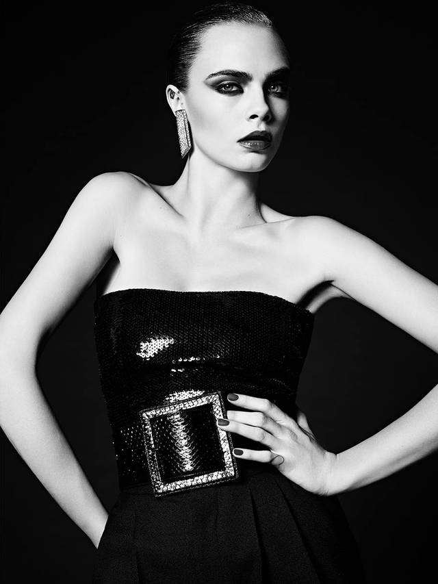 The close collaboration between Hedi Slimane and Cara Delevingne continues with the British supermodel starring in a stunning set of black-and-white campaign visuals